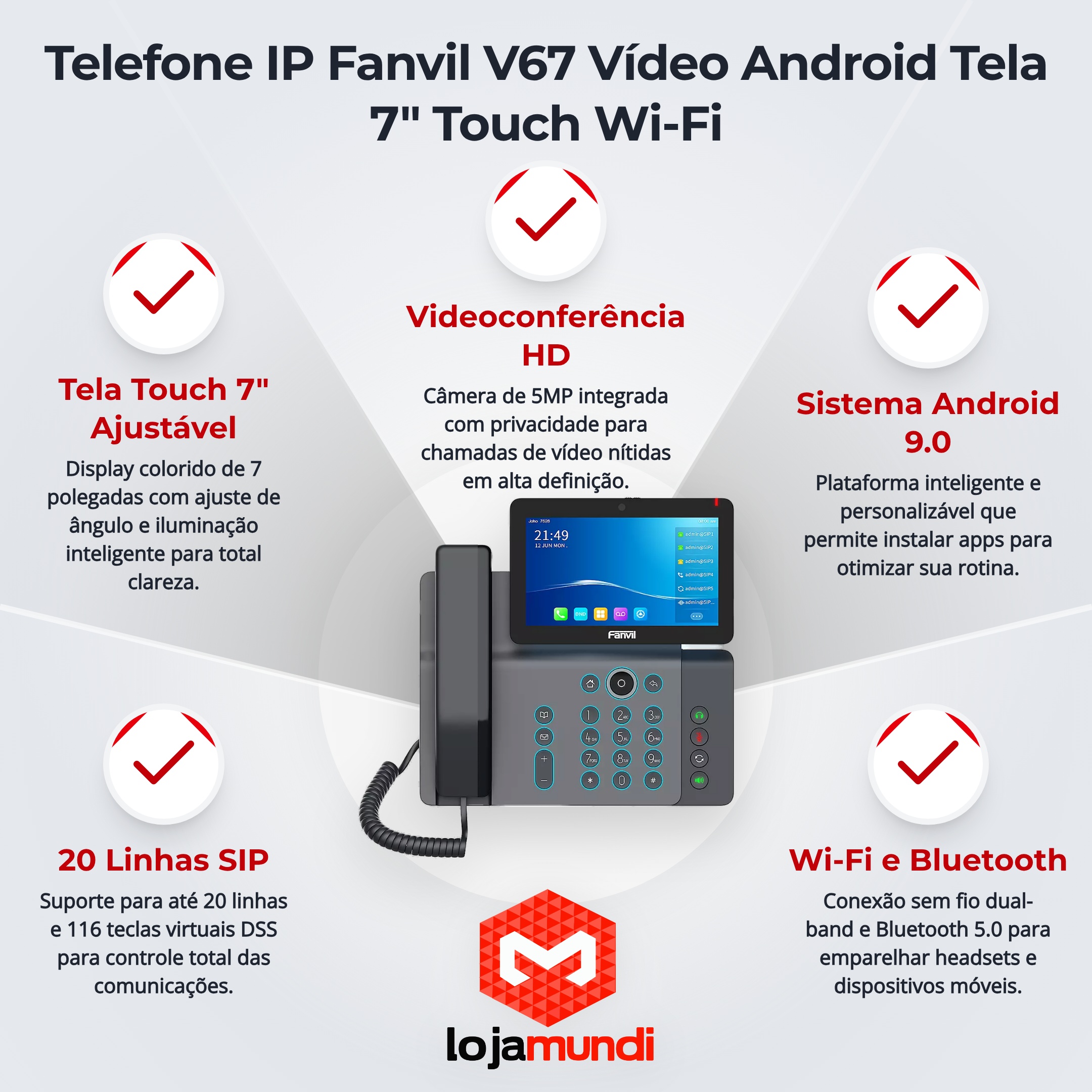 Foto 5 do produto Telefone IP Fanvil V67 - Vídeo HD, Tela Touch 7" Android, Wi-Fi e Bluetooth